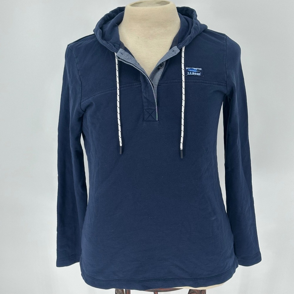 LL Bean Navy Blue Cotton Pullover Hoodie Sweatshirt Snap Mens Size Medium